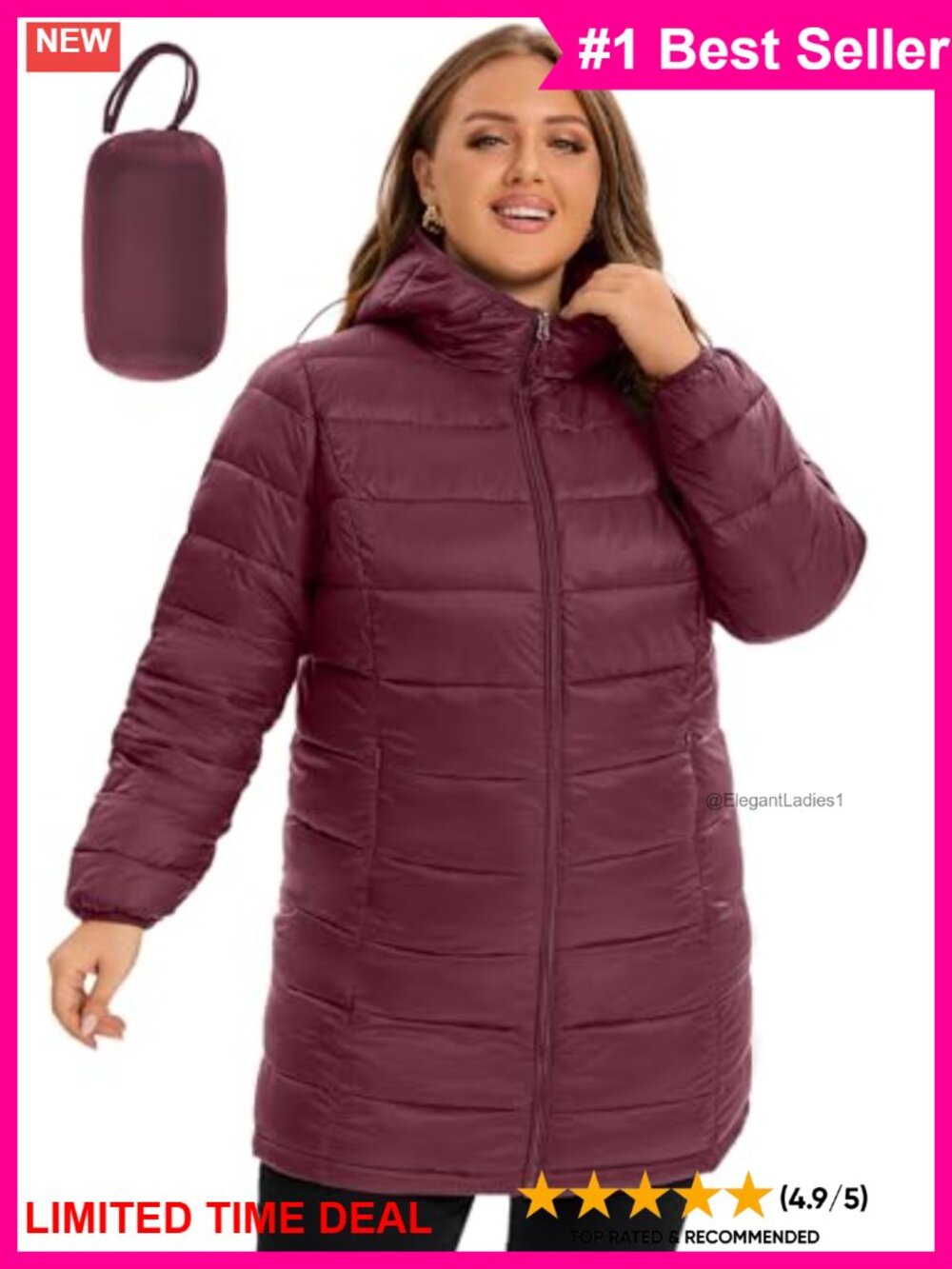 Plus Size Packable Hooded Puffer Jacket Women Lightweight Warm Coat